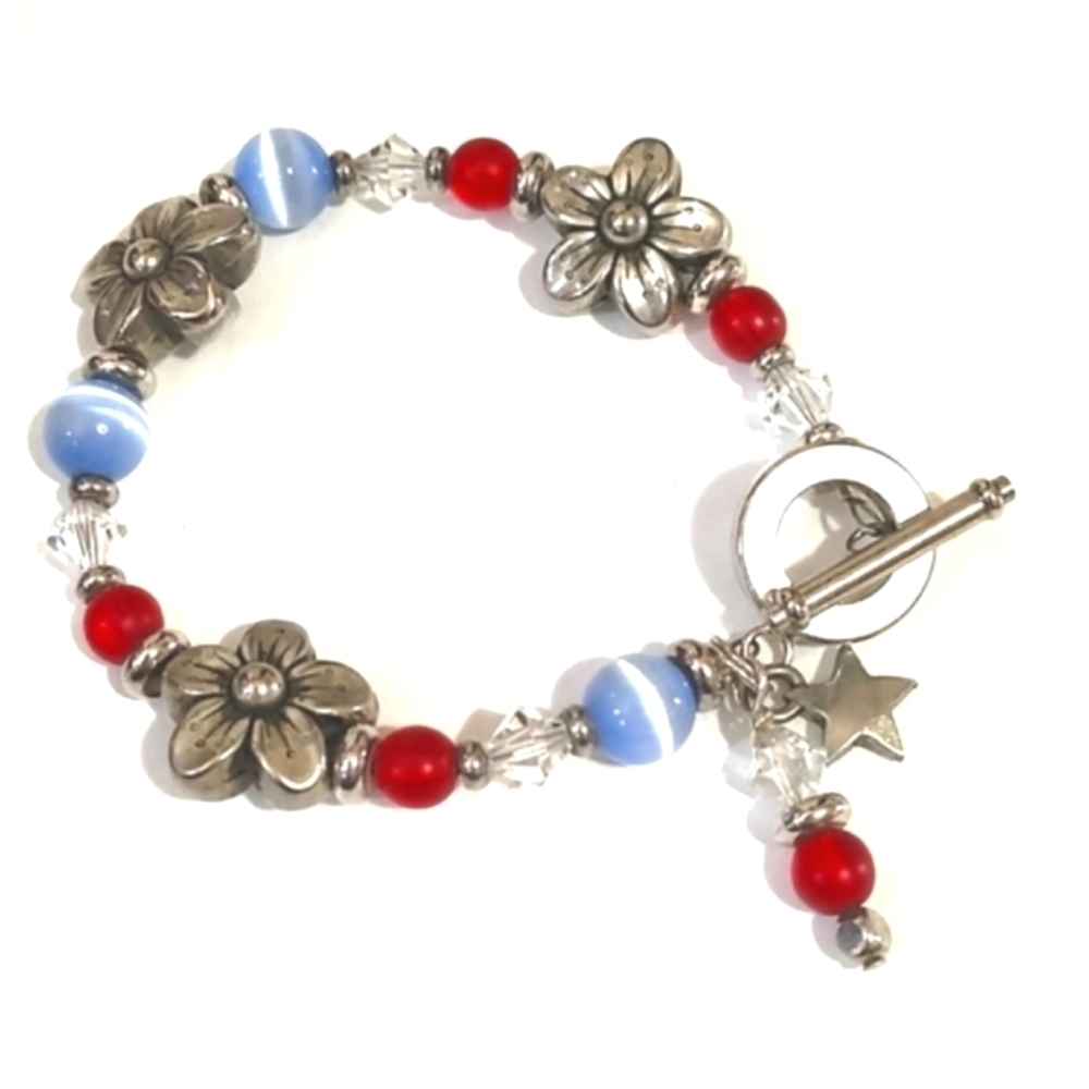 VINTAGE SILVER-TONE FLOWER BEADED DANGLING TOGGLE CLASP 6.5" BRACELET - Picture 2 of 9